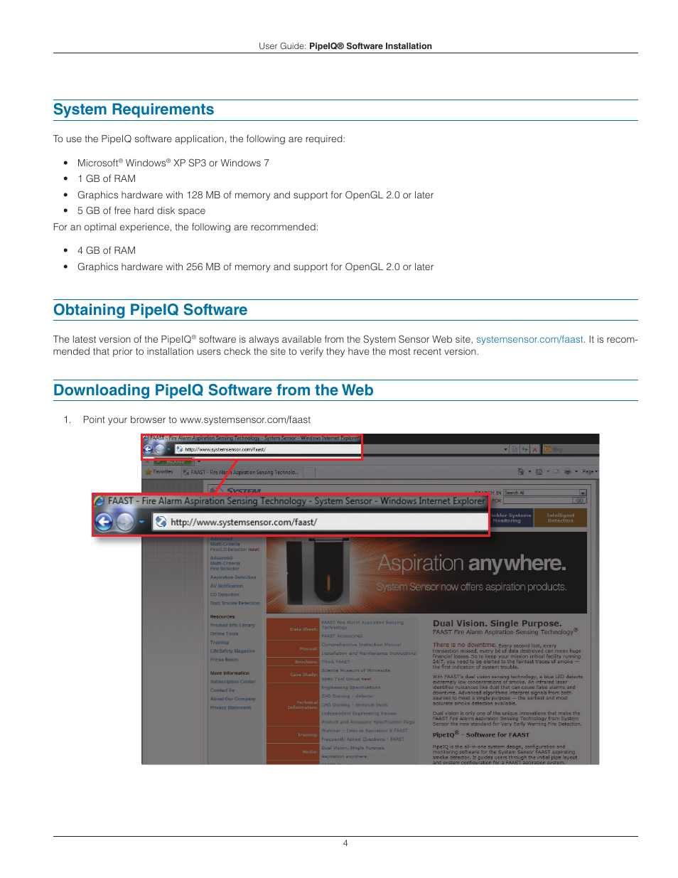 System requirements, Obtaining pipeiq software, Downloading pipeiq software from the web | System Sensor PipeIQ User Manual | Page 4 / 14