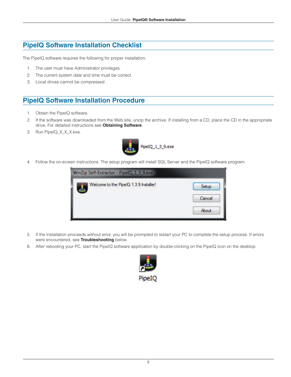 Pipeiq software installation checklist, Pipeiq software installation procedure | System Sensor PipeIQ User Manual | Page 8 / 14