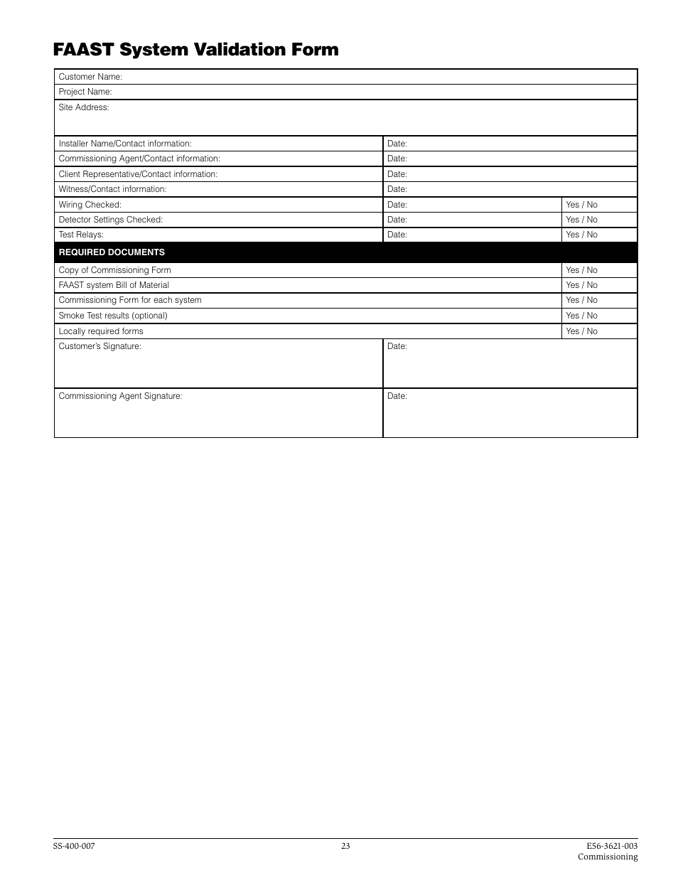 Faast system validation form | System Sensor FAAST Comprehensive User Manual | Page 23 / 35
