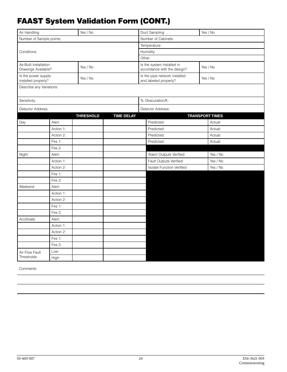 Faast system validation form (cont.) | System Sensor FAAST Comprehensive User Manual | Page 24 / 35