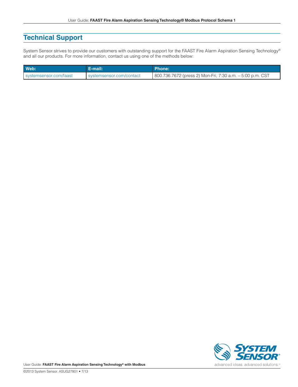 Technical support | System Sensor FAAST Modbus User Manual | Page 20 / 20