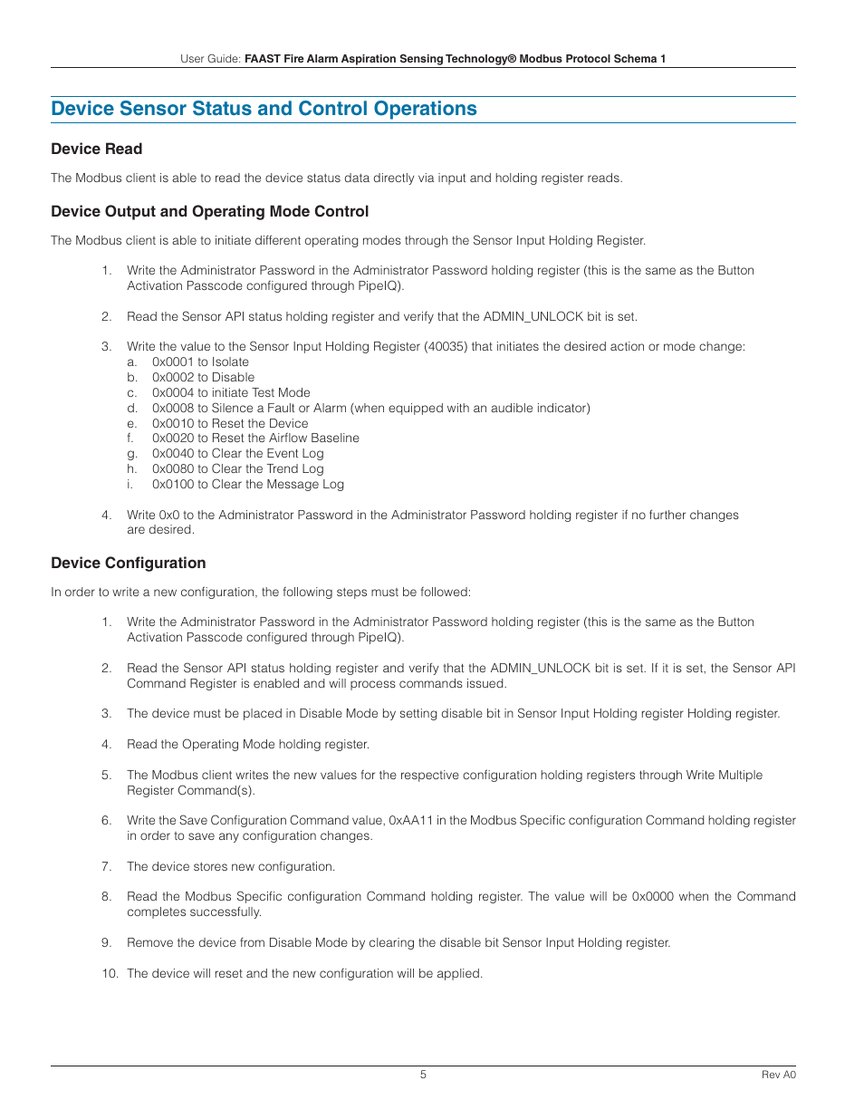 Device sensor status and control operations | System Sensor FAAST Modbus User Manual | Page 5 / 20