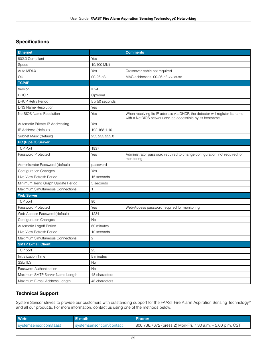 Technical support, Specifications | System Sensor FAAST Networking User Manual | Page 39 / 40