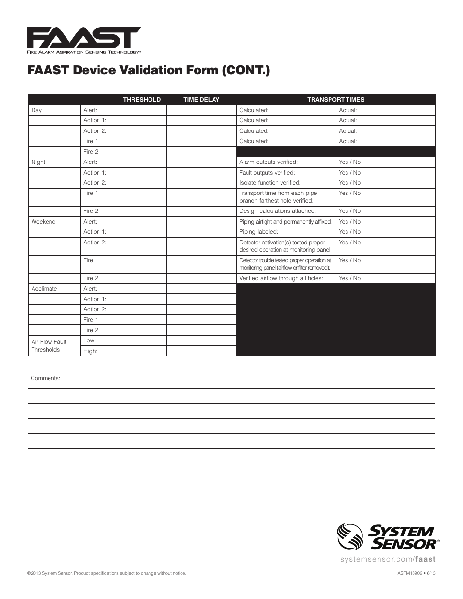 Faast device validation form (cont.) | System Sensor FAAST Configuration and Validation Process User Manual | Page 4 / 4