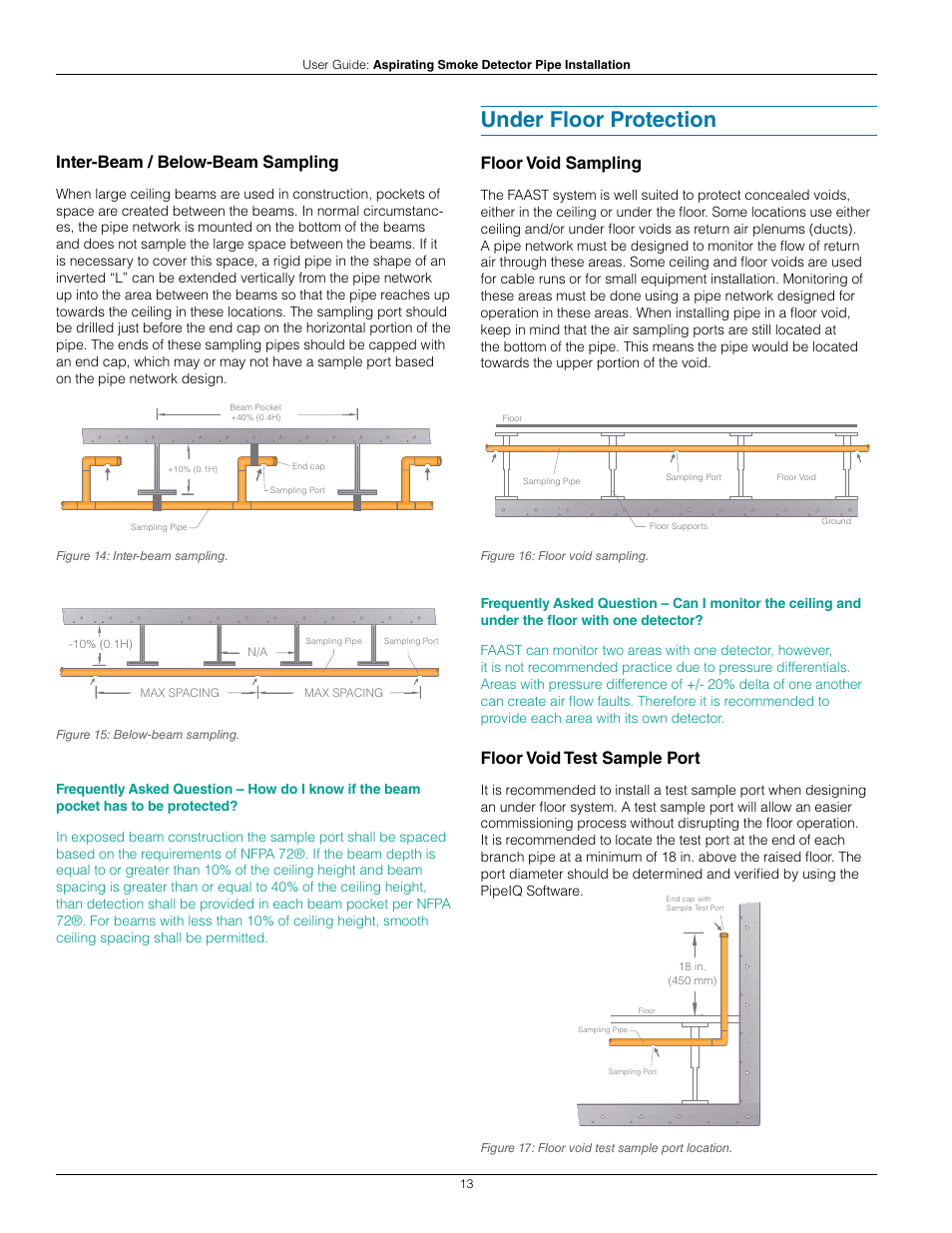 Under floor protection, Inter-beam / below-beam sampling, Floor void sampling | Floor void test sample port | System Sensor Pipe Installation User Manual | Page 13 / 20