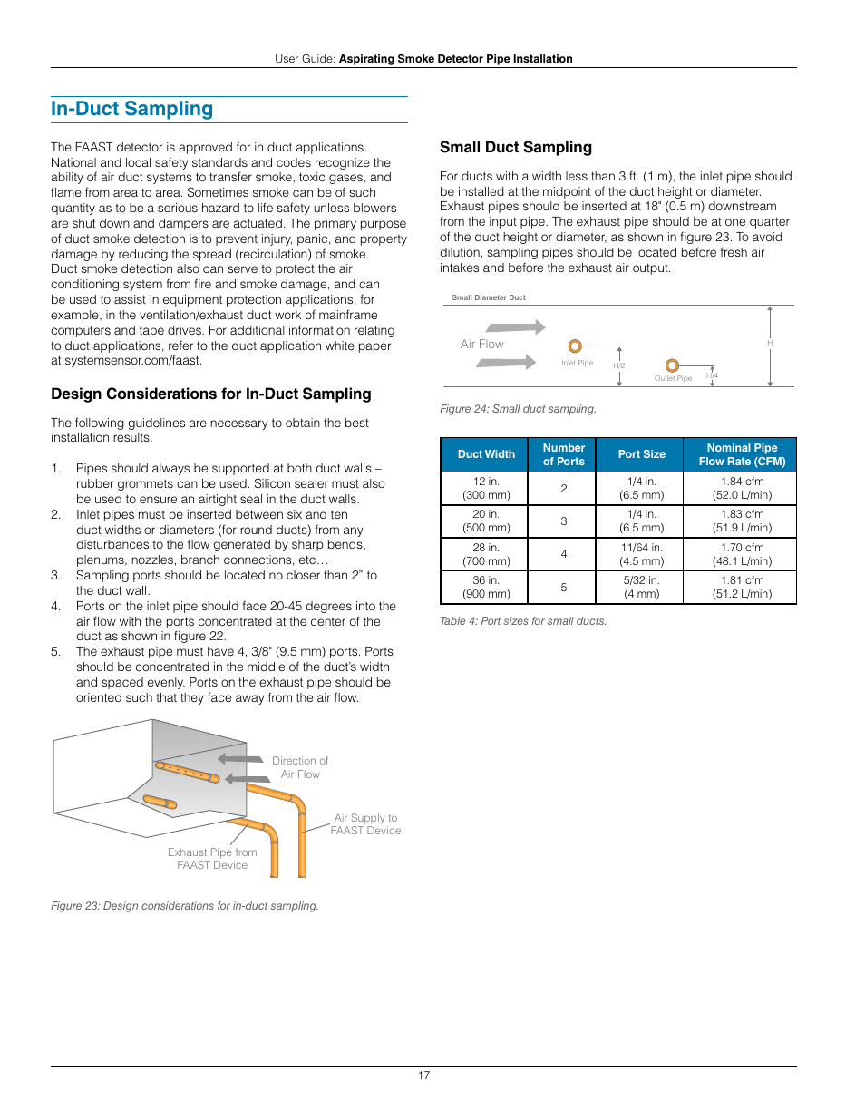 In-duct sampling, Design considerations for in-duct sampling, Small duct sampling | System Sensor Pipe Installation User Manual | Page 17 / 20