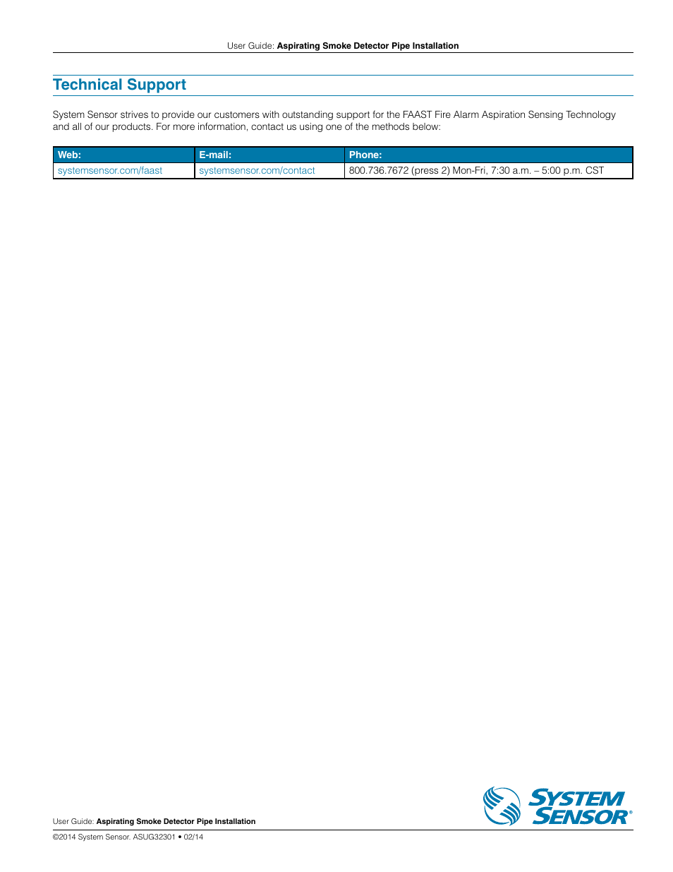 Technical support | System Sensor Pipe Installation User Manual | Page 20 / 20