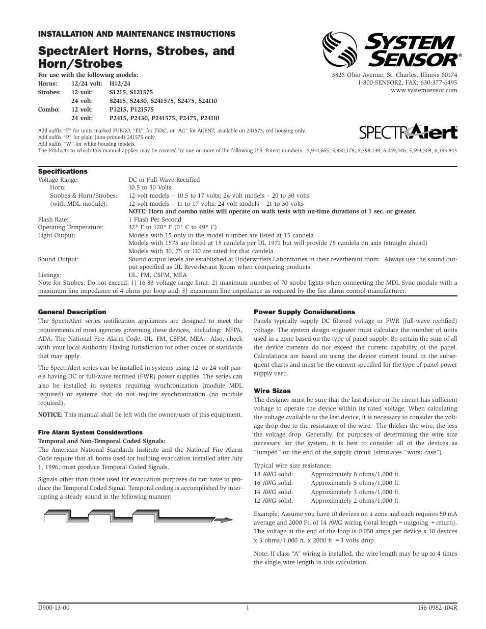 System Sensor SpectrAlert Horns, Strobes, and Horn_Strobes User Manual | 4 pages