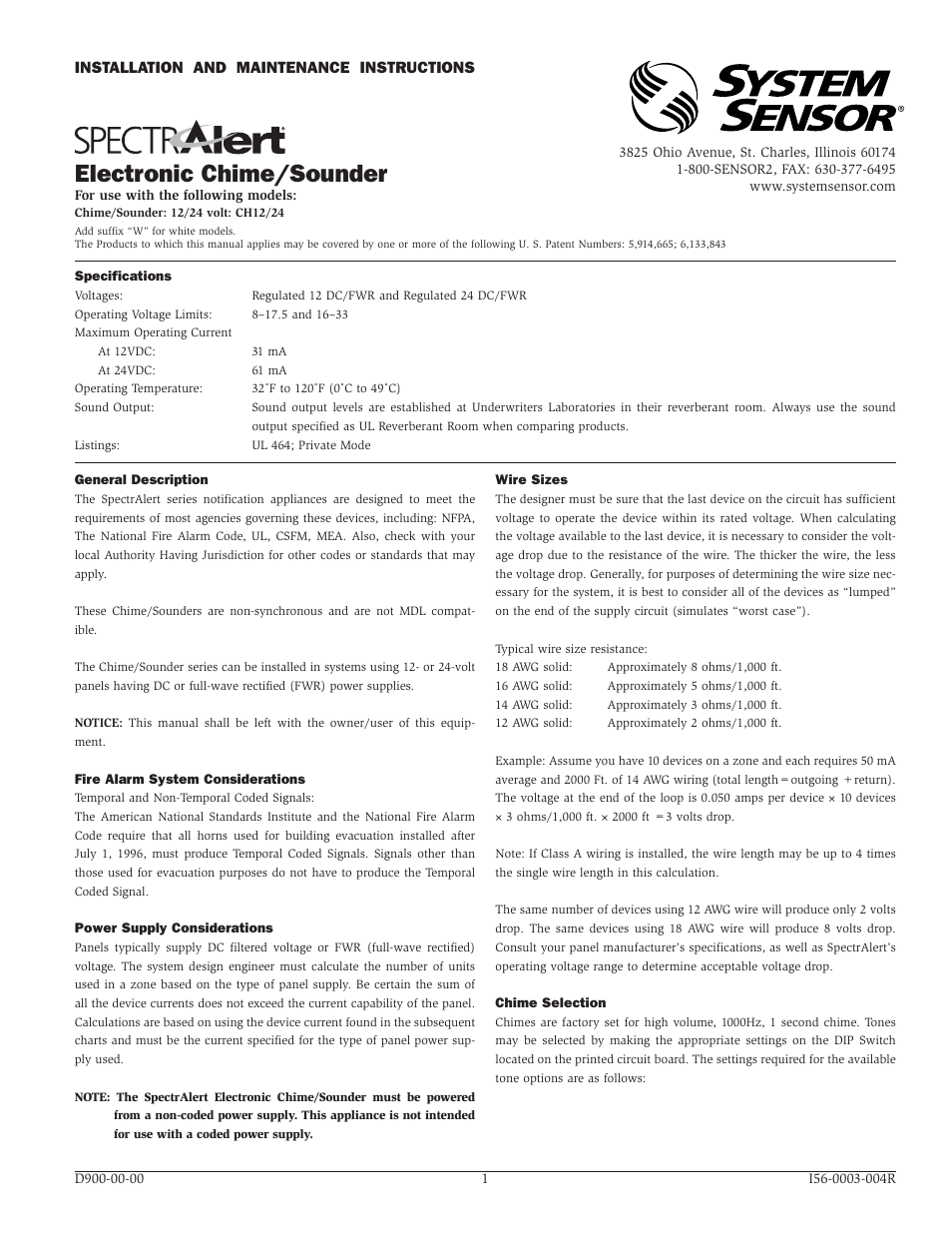 System Sensor CH1224 and CH1224W Electronic Chime_Sounder User Manual | 4 pages