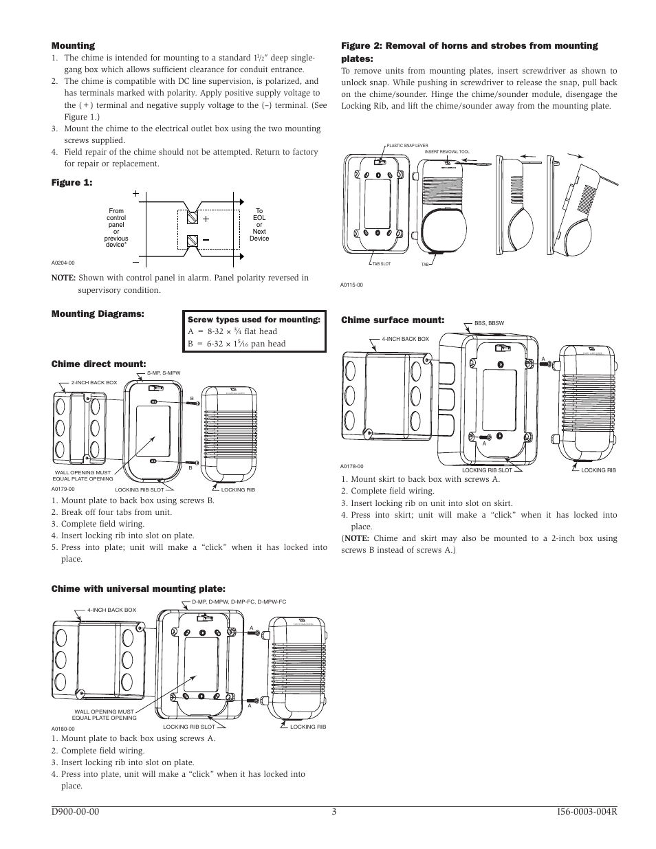 Chime surface mount, Chime with universal mounting plate, Chime direct mount | Mounting diagrams: mounting, Figure 1 | System Sensor CH1224 and CH1224W Electronic Chime_Sounder User Manual | Page 3 / 4