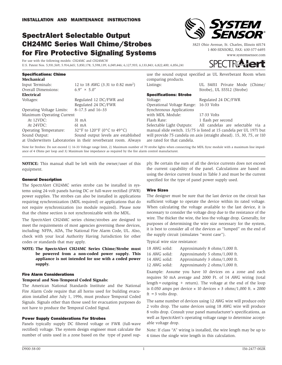 System Sensor CH24MC Series Wall Chime_Strobes User Manual | 4 pages