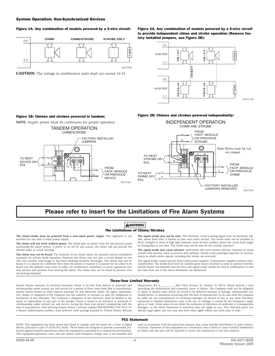 Tandem operation, Independent operation, System operation: non-synchronized devices | Caution | System Sensor CH24MC Series Wall Chime_Strobes User Manual | Page 4 / 4