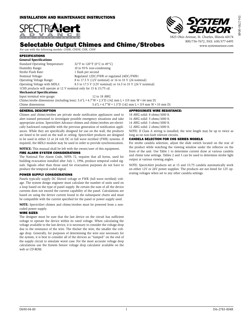 System Sensor CHR, CHW, CHSR and CHSW User Manual | 4 pages