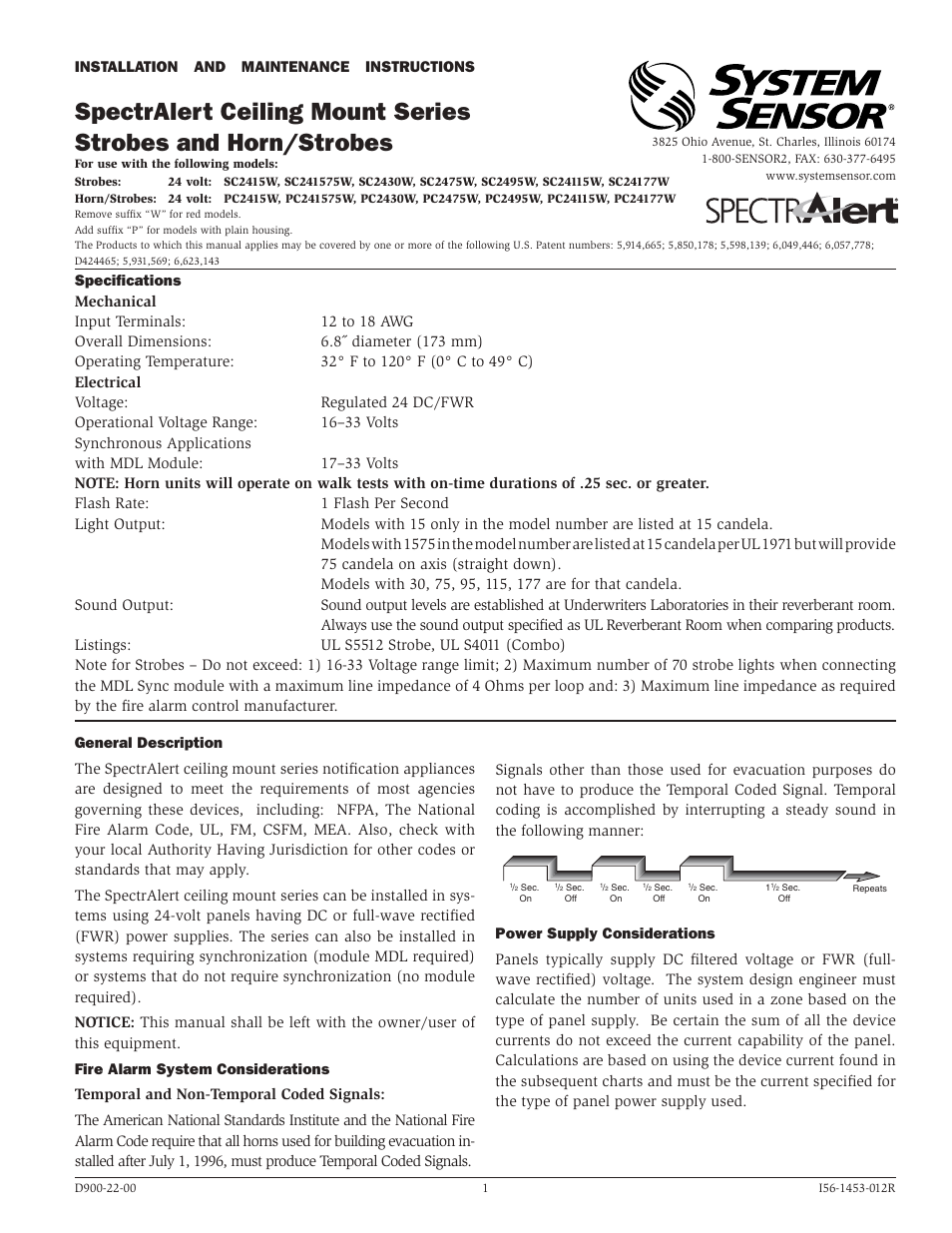 System Sensor SpectrAlert Ceiling Mount Series Strobes and Horn_Strobes User Manual | 4 pages