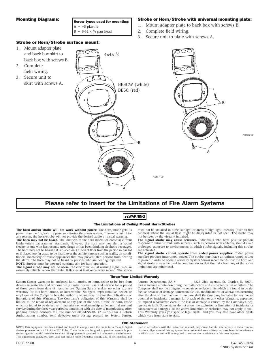 4ч4ч1, Bbscw (white) bbsc (red) | System Sensor SpectrAlert Ceiling Mount Series Strobes and Horn_Strobes User Manual | Page 4 / 4