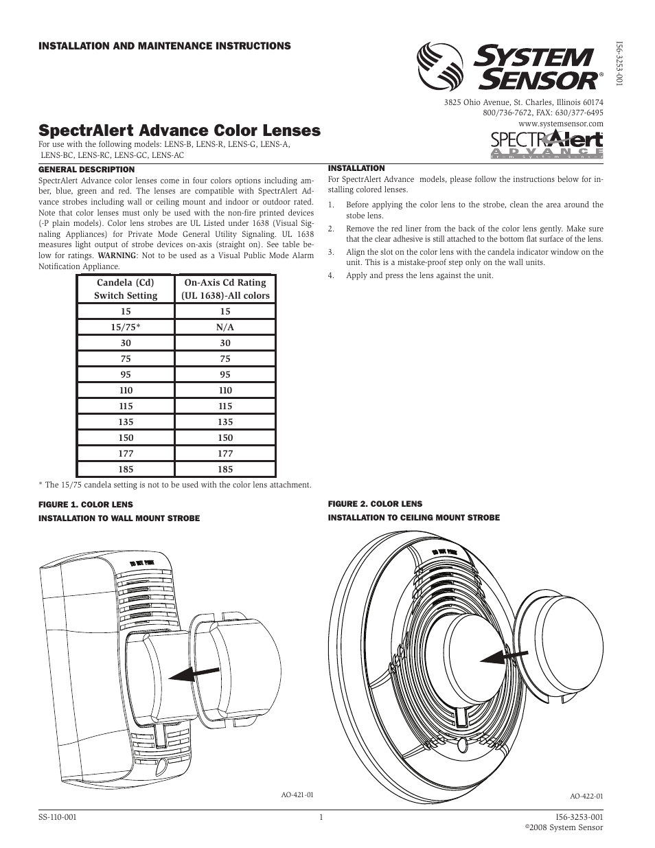 System Sensor spectralert advance color lenses User Manual | 1 page