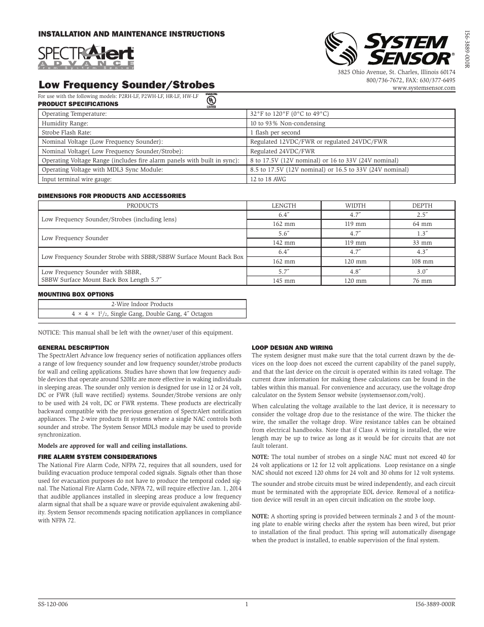 System Sensor HR-LF, HW-LF, P2RH-LF and P2WH-LF User Manual | 4 pages
