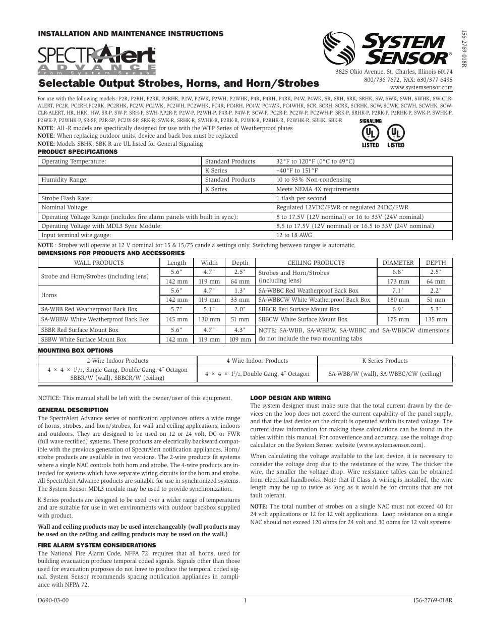 System Sensor Horns, Strobes and Horn Strobes User Manual | 4 pages