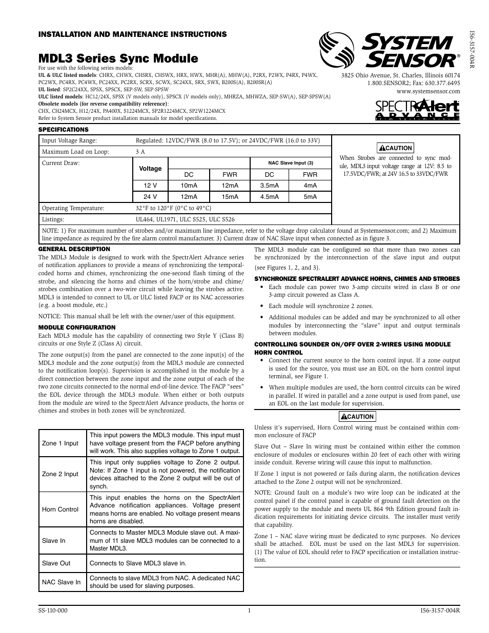 System Sensor MDL3R and MDL3W User Manual | 2 pages