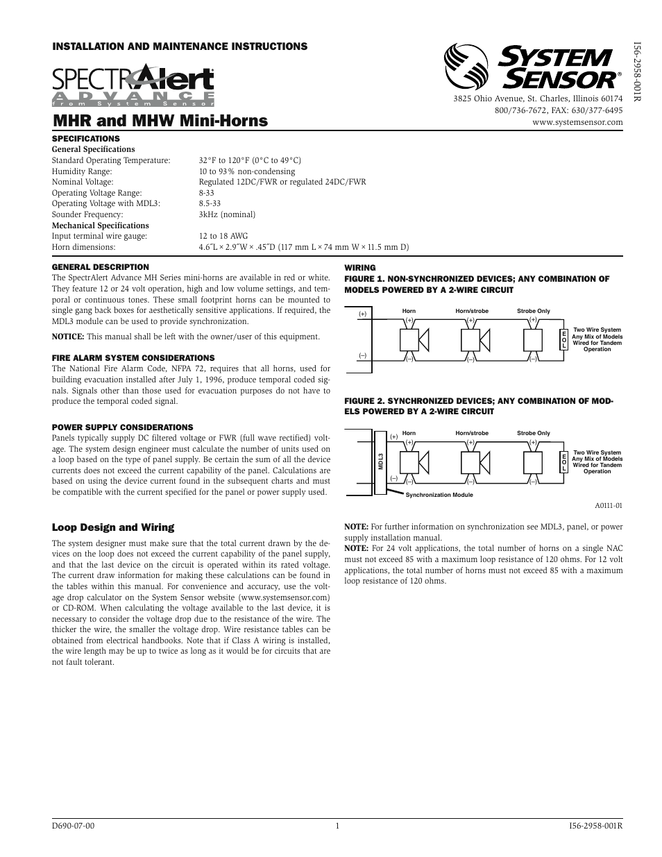 System Sensor MHR and MHW User Manual | 2 pages