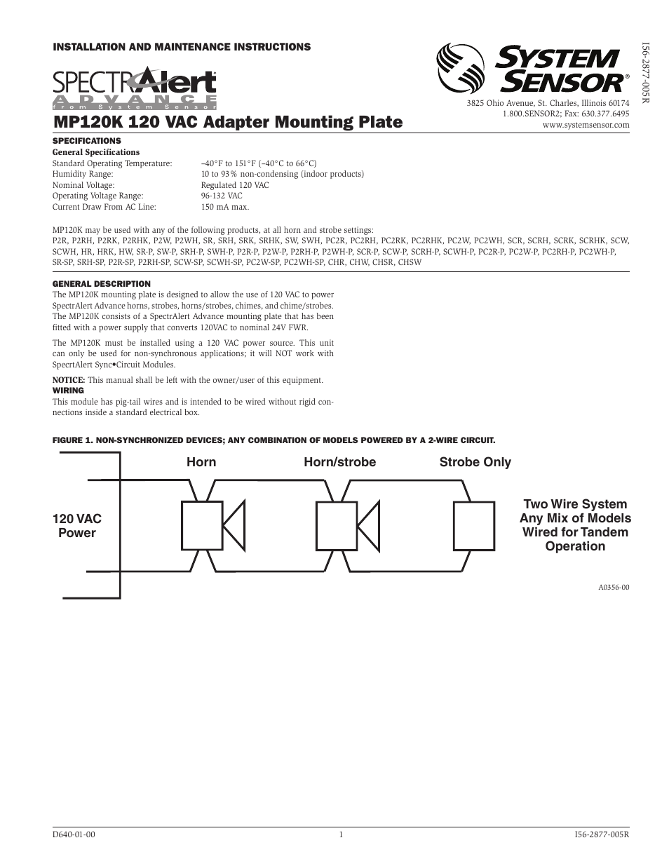 System Sensor MP120K 120 VAC Adapter Mounting Plate User Manual | 2 pages