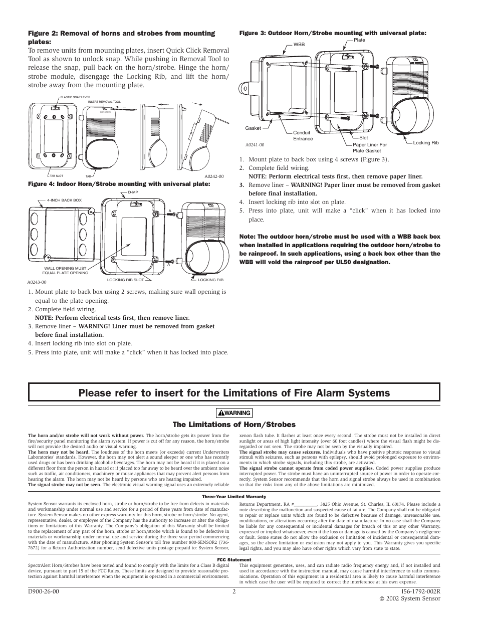 The limitations of horn/strobes | System Sensor P12015K Outdoor Horn_Strobe User Manual | Page 2 / 2