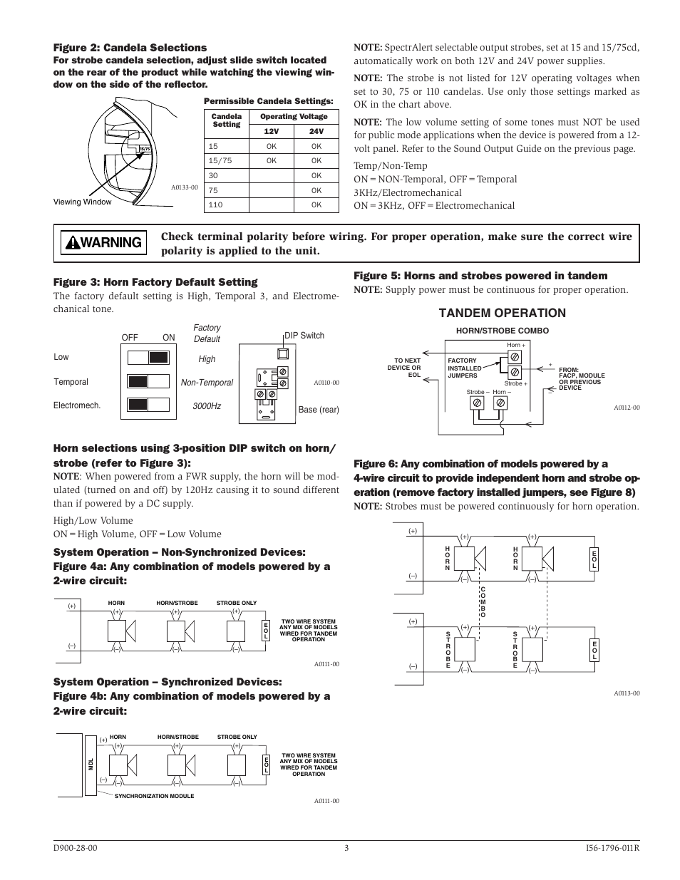 Warning, Tandem operation, Figure 5: horns and strobes powered in tandem | Figure 2: candela selections, Figure 3: horn factory default setting | System Sensor P1224 and S1224 User Manual | Page 3 / 4