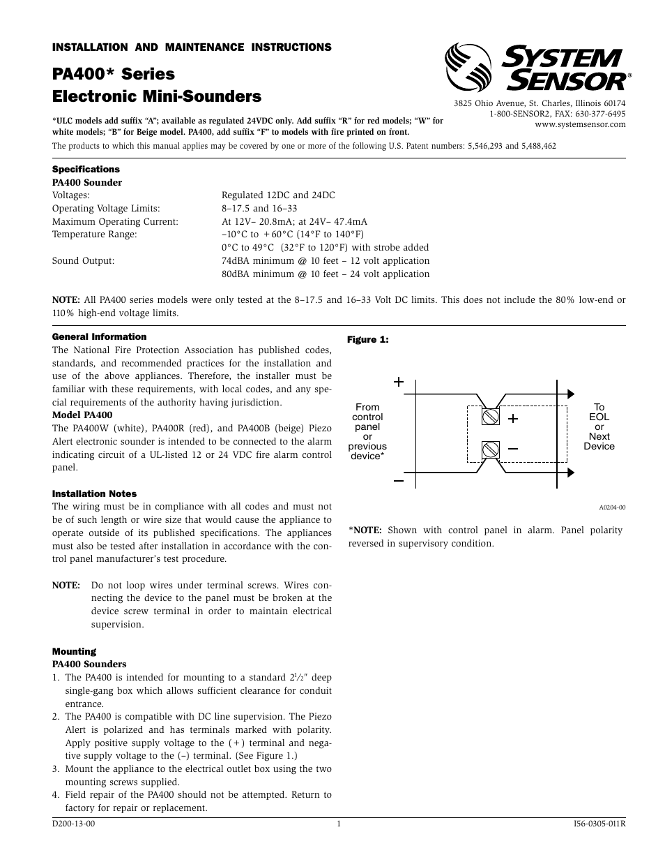 System Sensor PA400 Series Electronic Mini-Sounders User Manual | 1 page