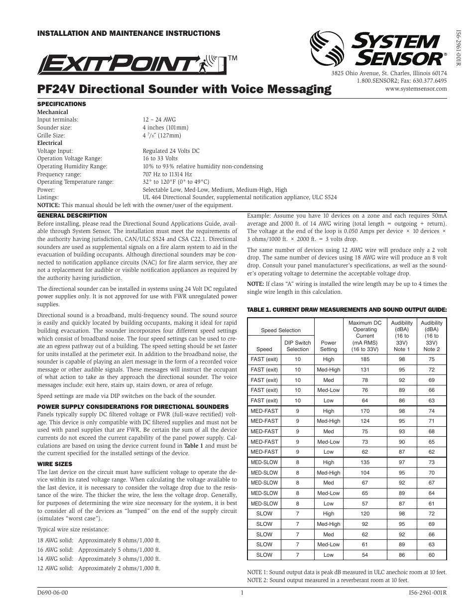 System Sensor PF24V Exitpoint User Manual | 4 pages