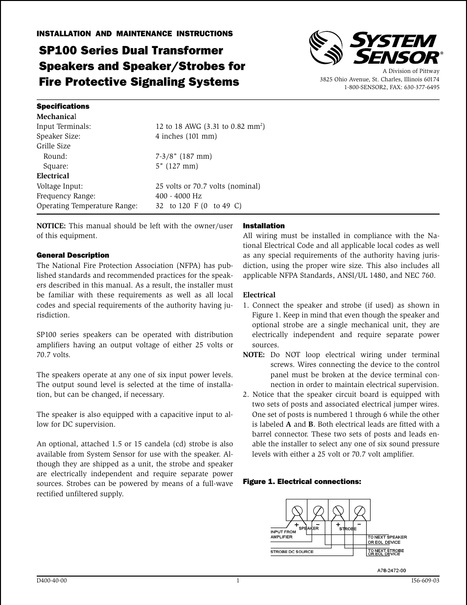 System Sensor SP100 Series Dual Transformer Speakers and Speaker_Strobes User Manual | 4 pages