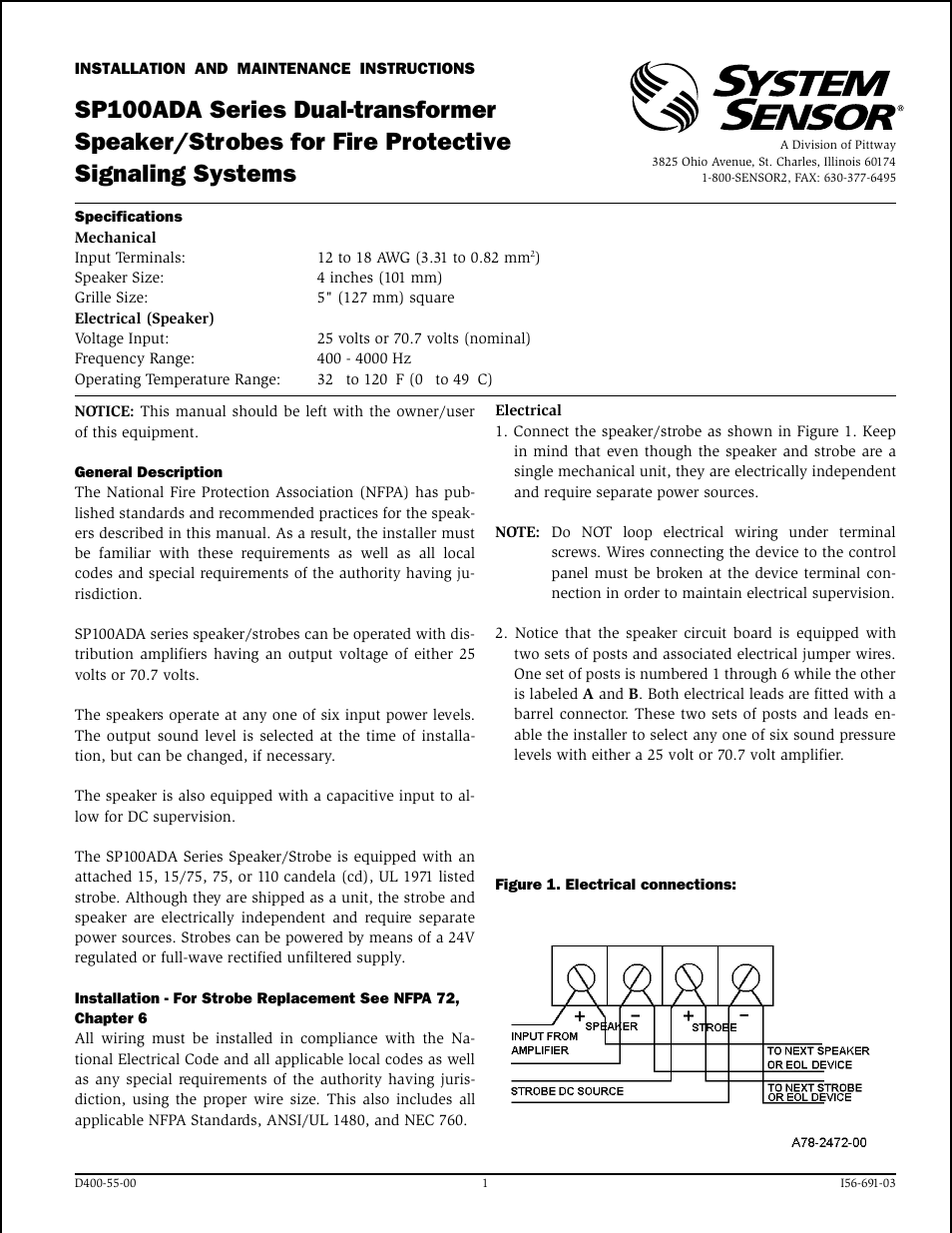 System Sensor SP100ADA Series Dual-transformer Speaker_Strobes User Manual | 4 pages