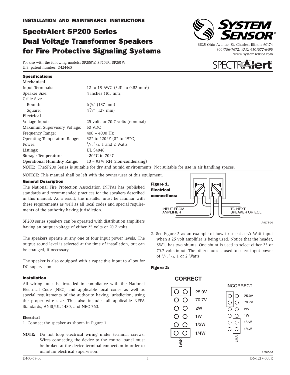 System Sensor SP200 Series Dual Voltage Transformer Speakers User Manual | 2 pages