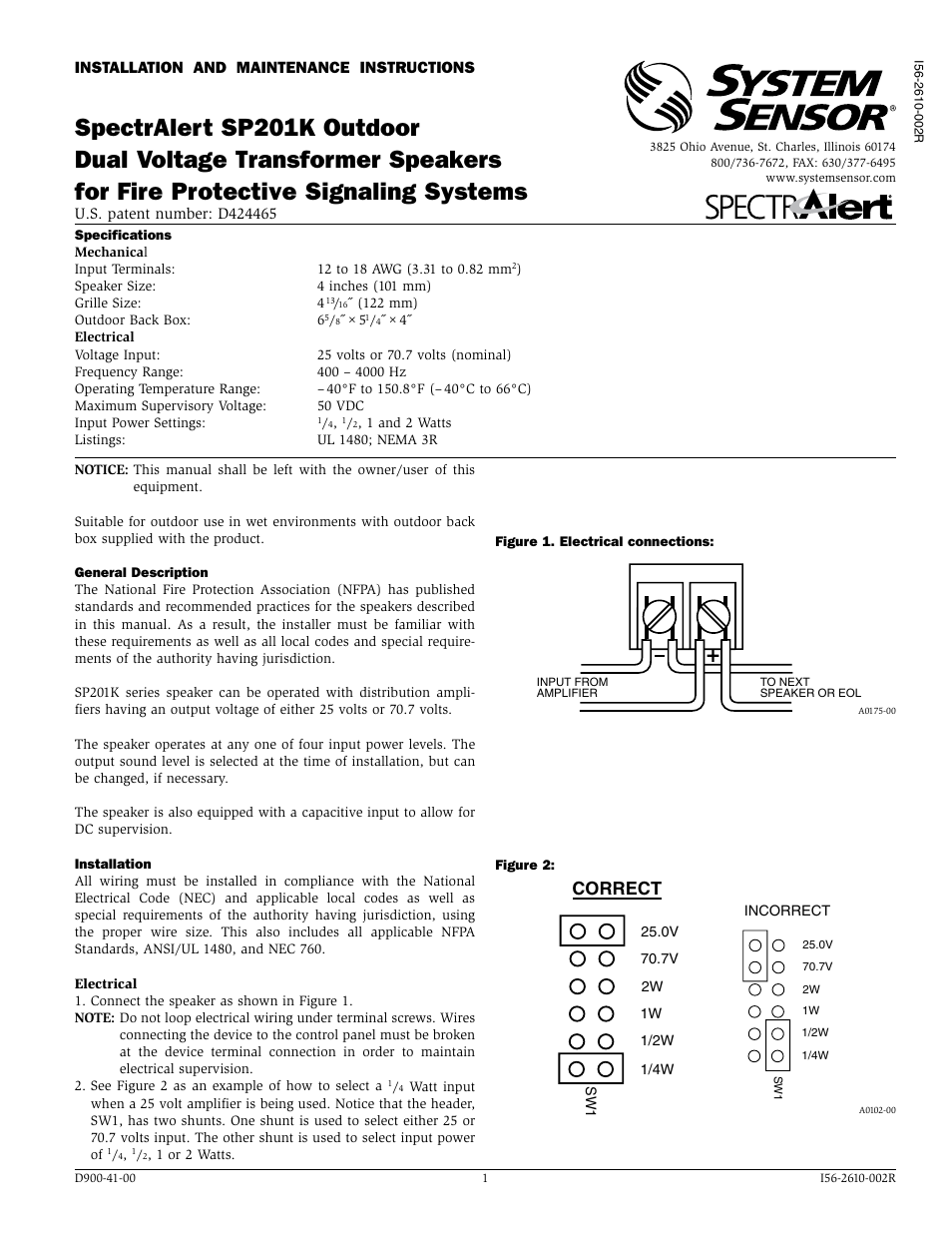 System Sensor SP201K Outdoor Dual Voltage Transformer Speakers User Manual | 2 pages