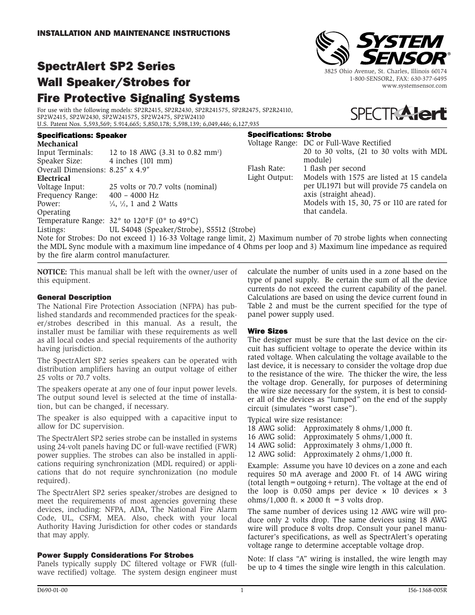 System Sensor SP2 Series Wall Speaker_Strobes User Manual | 4 pages