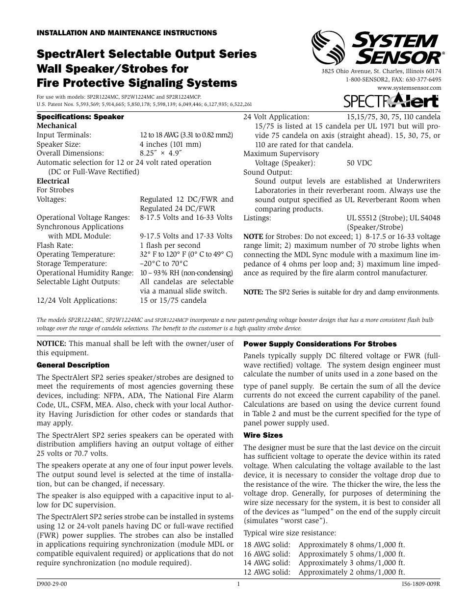 System Sensor SP2R1224MC and SP2W1224MC User Manual | 4 pages