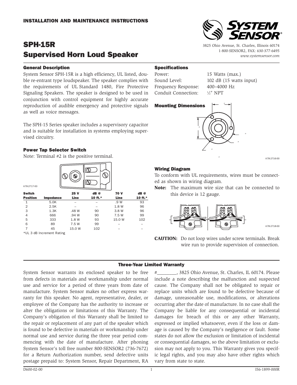 System Sensor SPH-15R Supervised Horn Loud Speaker User Manual | 1 page