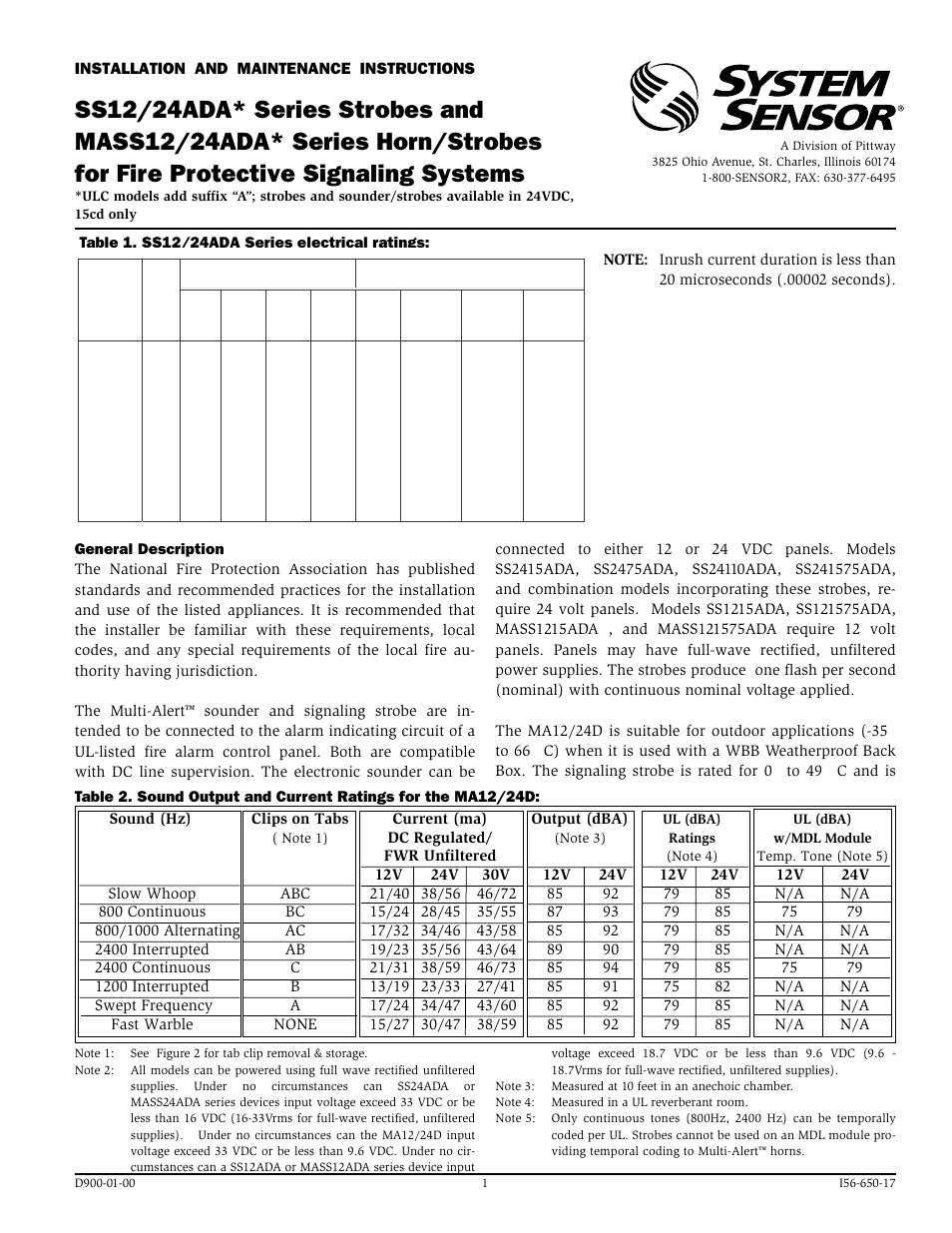 System Sensor SS1224ADA and MASS1224ADA Series User Manual | 4 pages