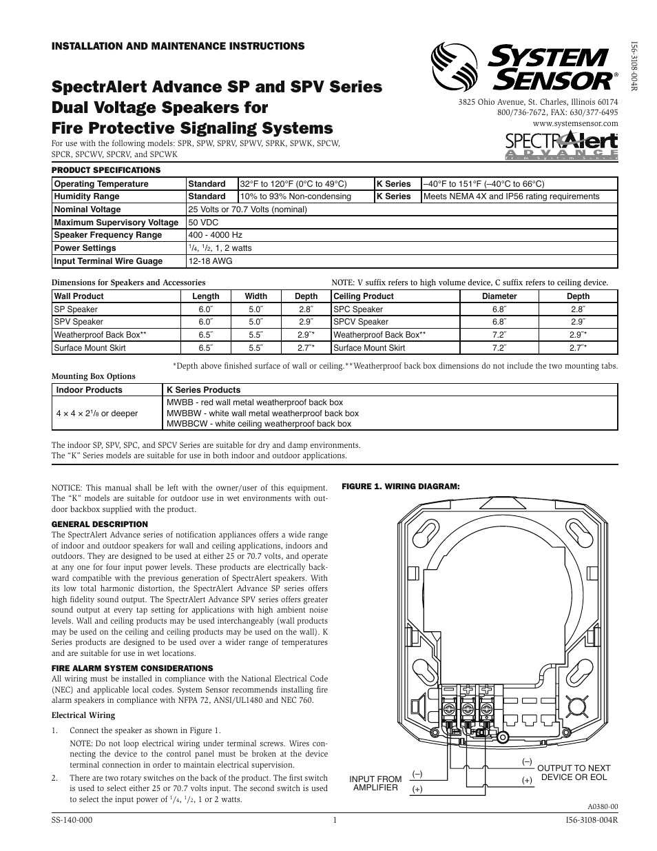 System Sensor SP and SpV Series dual Voltage Speakers User Manual | 4 pages