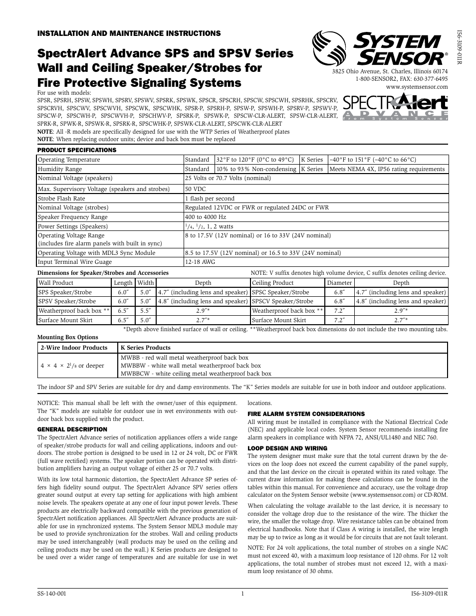 System Sensor SPS and SPSV series Wall and Ceiling speaker_strobes User Manual | 4 pages
