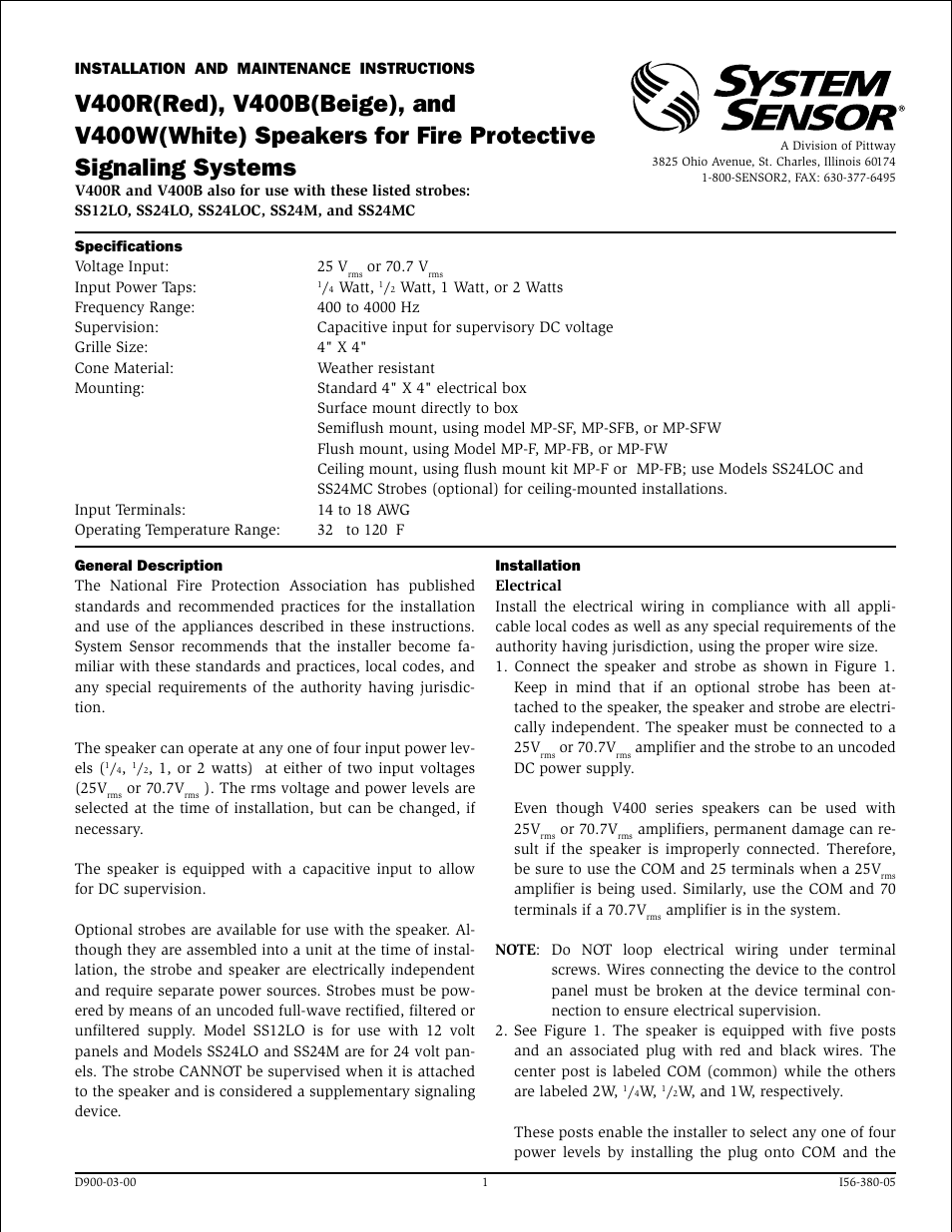 System Sensor V400B and V400R Speakers User Manual | 4 pages