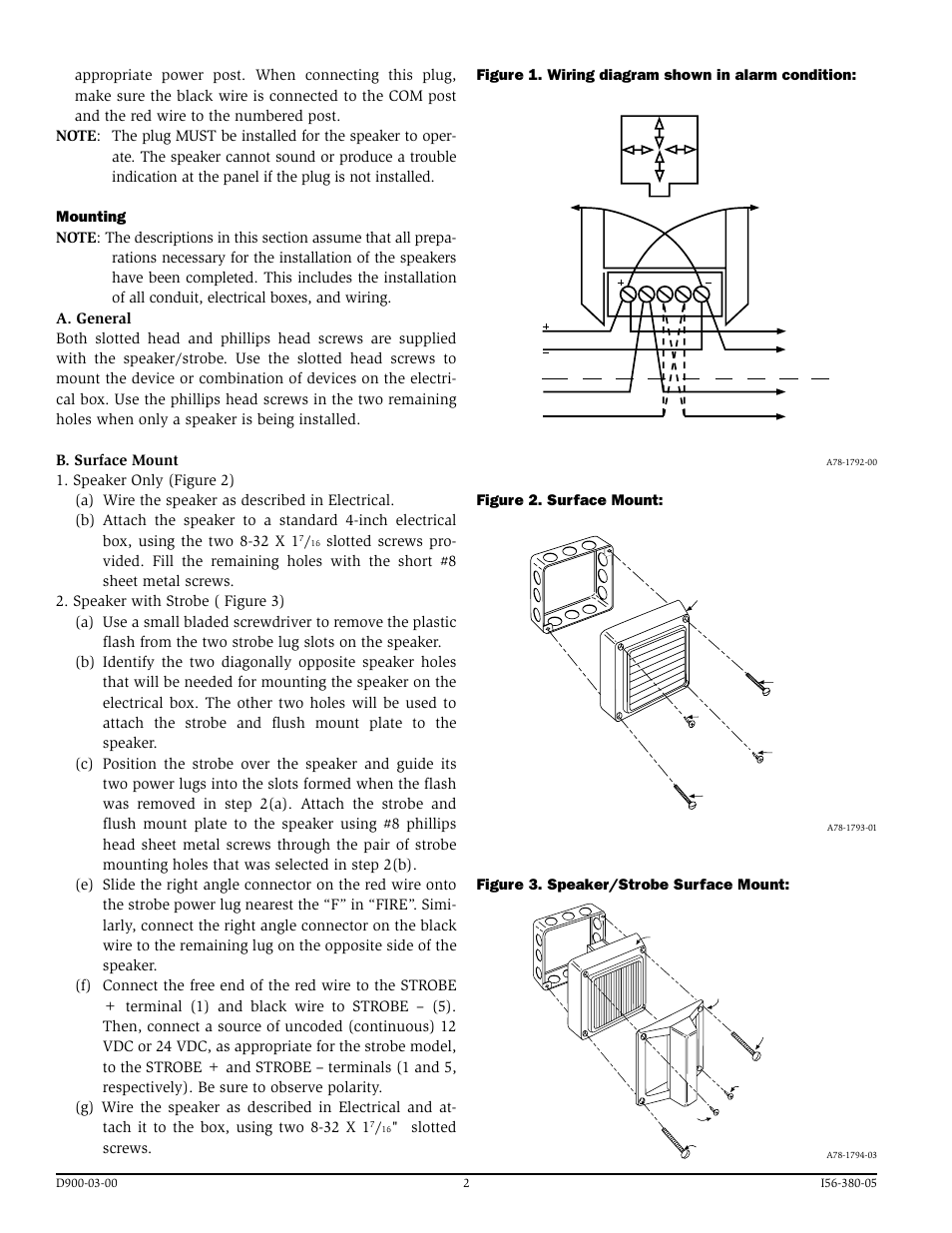 Slotted screws, Figure 3. speaker/strobe surface mount, Figure 1. wiring diagram shown in alarm condition | System Sensor V400B and V400R Speakers User Manual | Page 2 / 4