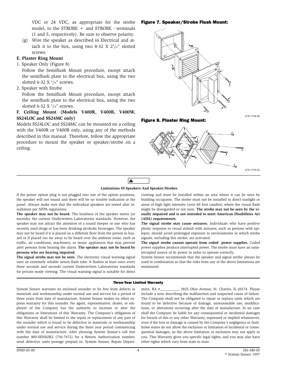 Figure 8. plaster ring mount, Figure 7. speaker/strobe flush mount | System Sensor V400B and V400R Speakers User Manual | Page 4 / 4