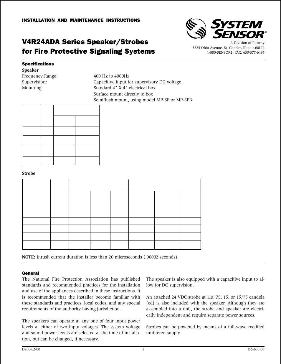 System Sensor V4R24ADA Series Speaker_Strobes User Manual | 4 pages