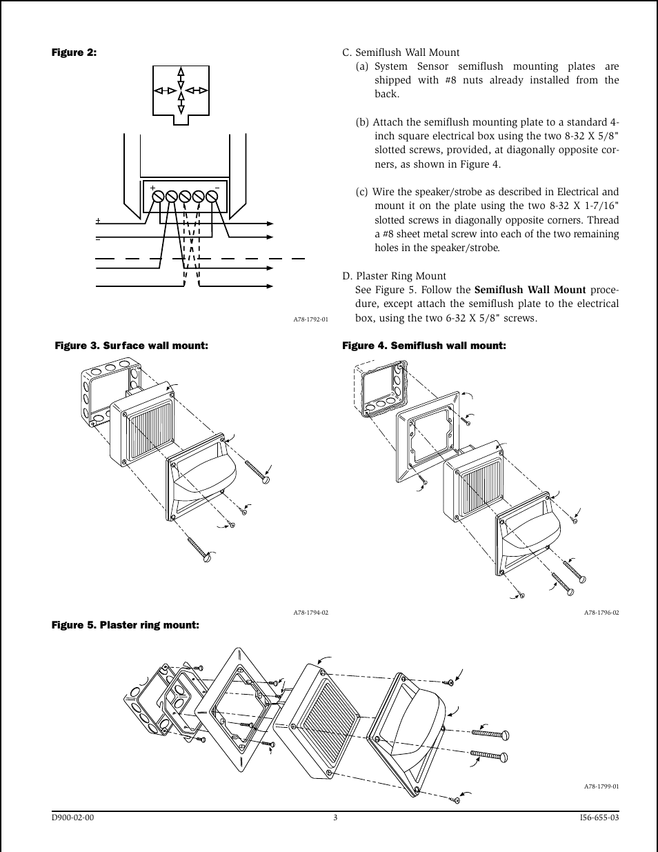 Figure 5. plaster ring mount, Figure 3. sur face wall mount, Figure 4. semiflush wall mount | Figure 2 | System Sensor V4R24ADA Series Speaker_Strobes User Manual | Page 3 / 4