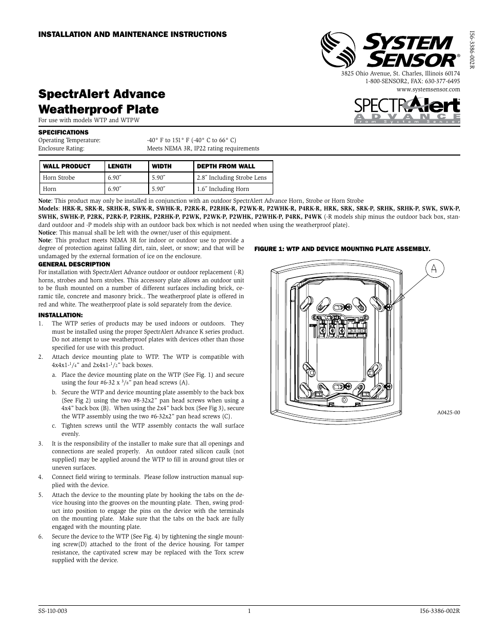 System Sensor WTP and WTPW Weatherproof Plate User Manual | 2 pages