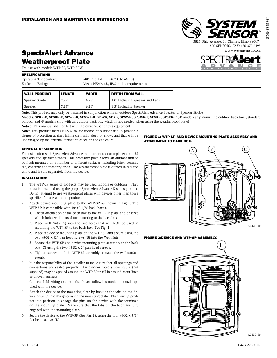 System Sensor WTP-SP and WTP-SPW Weatherproof Plate User Manual | 2 pages