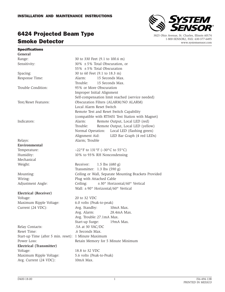 System Sensor 6424 Projected Beam Type User Manual | 12 pages