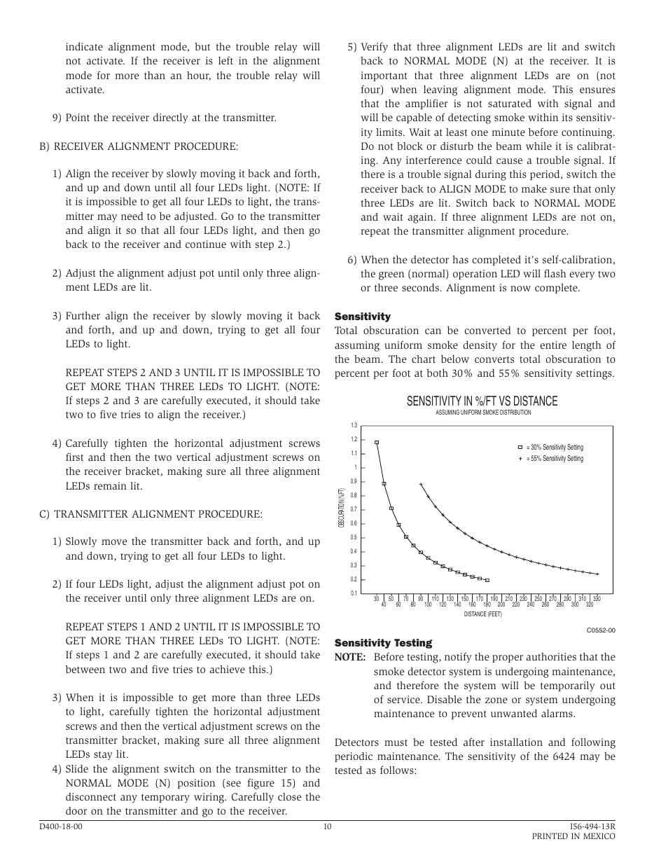 Sensitivity in %/ft vs distance | System Sensor 6424 Projected Beam Type User Manual | Page 10 / 12