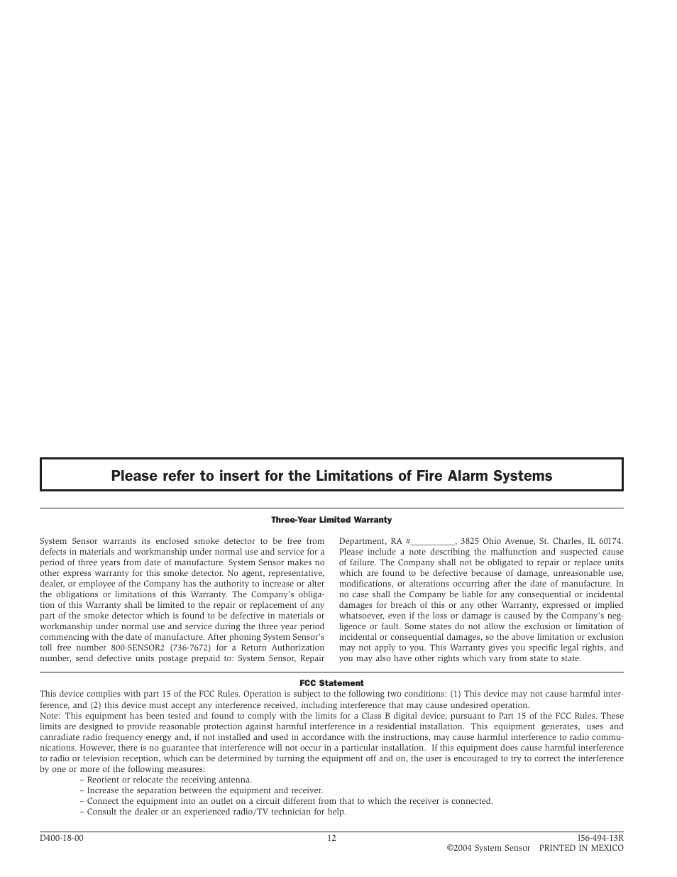 System Sensor 6424 Projected Beam Type User Manual | Page 12 / 12