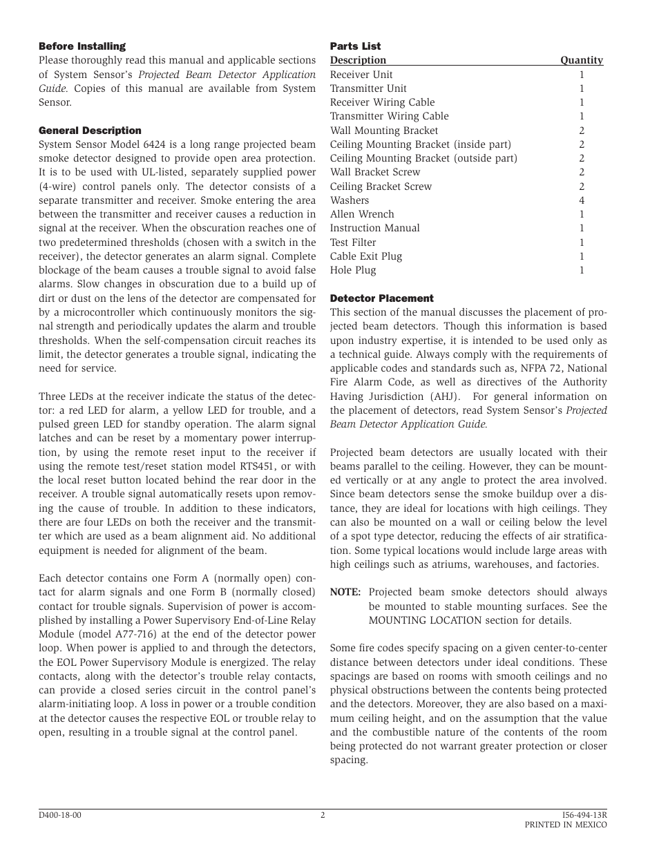 System Sensor 6424 Projected Beam Type User Manual | Page 2 / 12